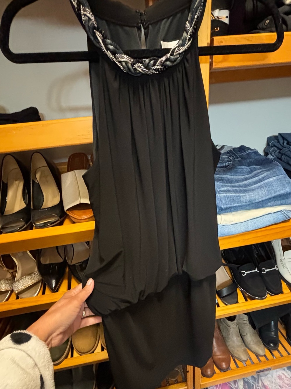 Black Sleeveless Pleated Dress with Beaded Neckline
